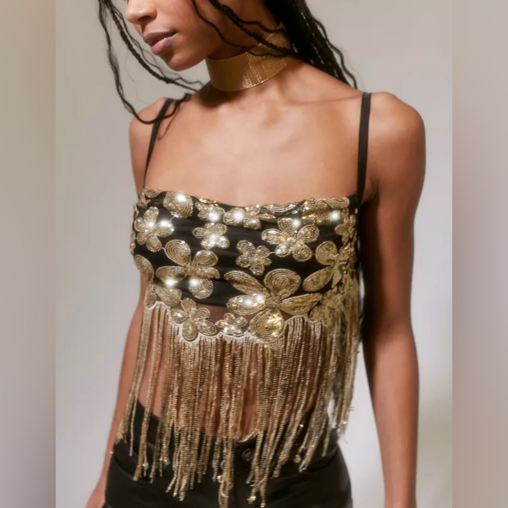 LIKE NEW For Love & Lemons Collete Sequin Floral Fringe Crop Top Sz Large